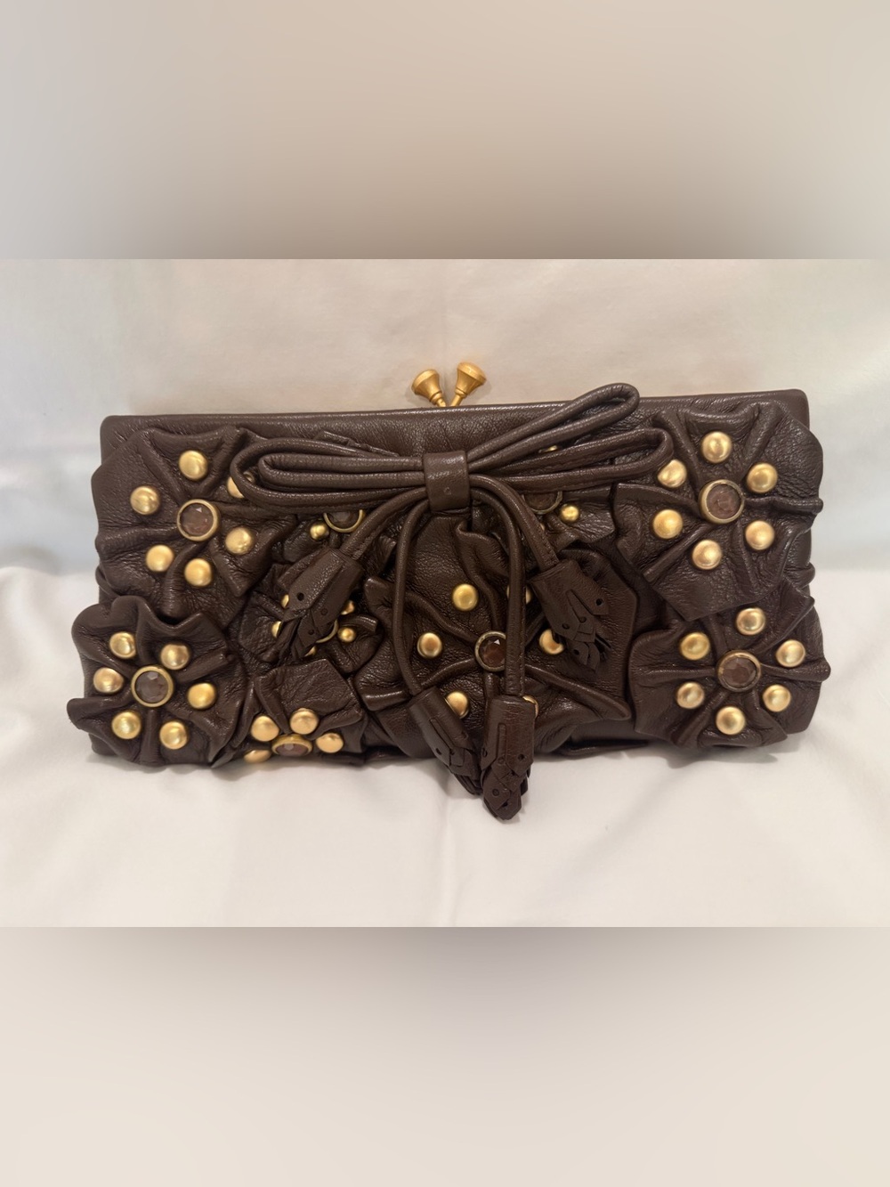 Vintage Isabella Fiore Studded Leather Floral Kisslock Clutch - rare!